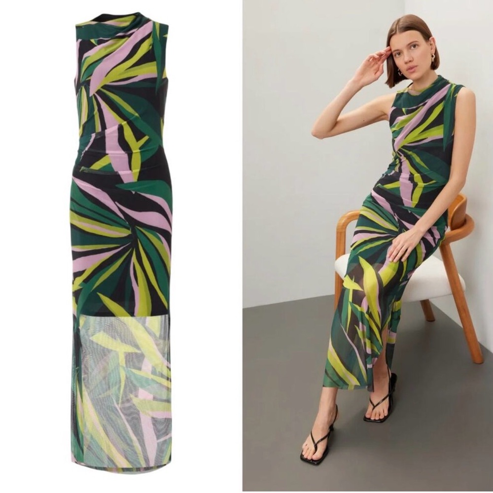 Donna Morgan Green Pink Leaf-Print Maxi Dress
